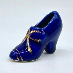 Vintage Blue Miniature Ceramic Shoe Figurine with Gold Bow Accents